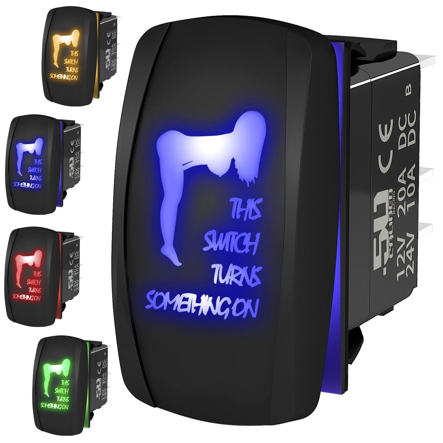 A collection of on/off rocker switches with LED backlighting, featuring a custom etched design of a sexy girl. The switches are black with colorful illumination and show a 50 Caliber Racing logo