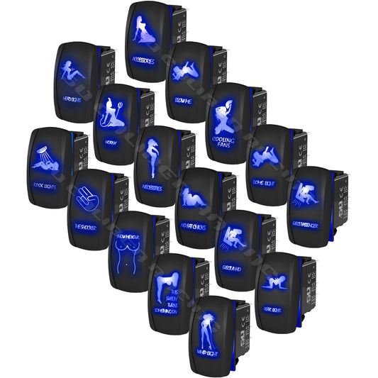 Multiple rocker swiitches with blue LED indicators and several custom sexy themed etched designs on a white background

